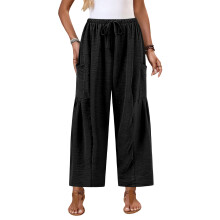 Women's Wide Pants, Casual , Loose Fit, Drawstring,-Black L