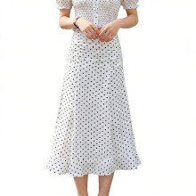 Women Ruched High Waist Dot Print Flared Ruffle Maxi Skirt-L