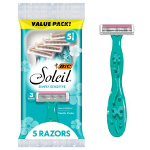 BIC Soleil 3 Simply Women's Disposable 3-Blade Razors, Aloe Moisture Strip, College Dorm Room Essential, Shower Caddy and Toiletry Bag Ready, 5-Pack
