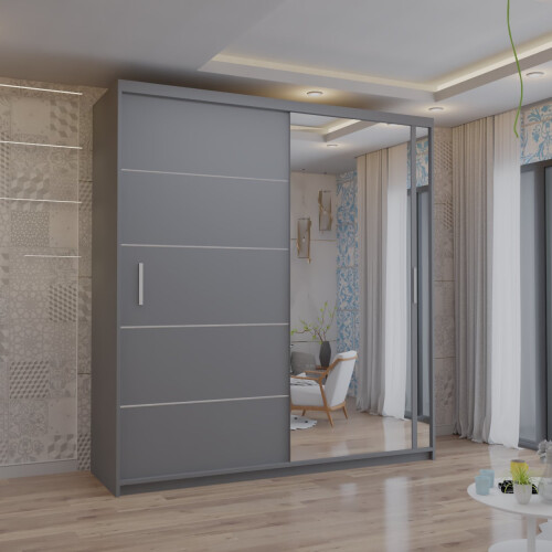 MN Furniture Sliding Doors Mirrored Wardrobes Shelves Grey 180cm