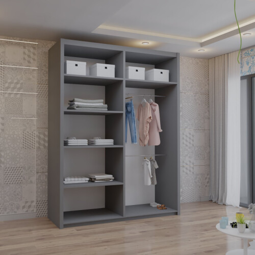 MN Furniture Sliding Doors Mirrored Wardrobes Shelves Grey 150cm 1