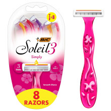 BIC Soleil 3 Simply Women's Disposable 3-Blade Razors,Aloe Vera Moisture Strip,College Dorm Room Essential,Shower Caddy and Toiletry Bag Ready, 8-Pack
