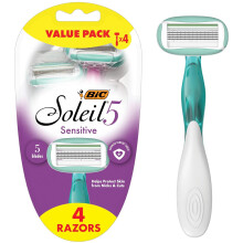 BIC Soleil 5 Sensitive Women's Disposable 5-Blade Razors, Moisture Strips and Pivoting Head for Smooth Summer Shaves, 4-Pack