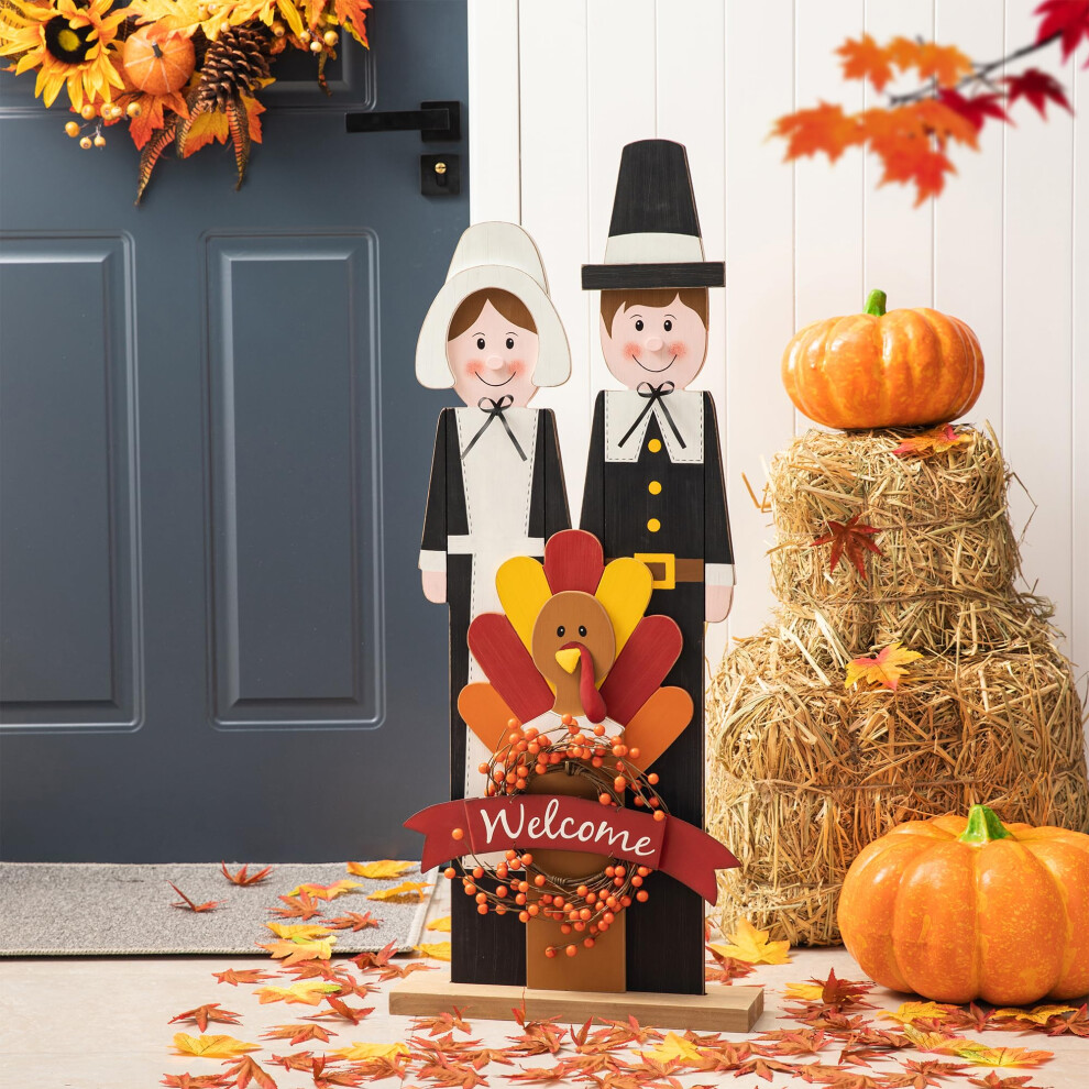 Glitzhome 36''H Thanksgiving Pilgrim Couple With Turkey Porch Sign, Farmhouse Wooden Welcome Sign Standing Porch Decor For Fall Harvest Autumn Thanksg