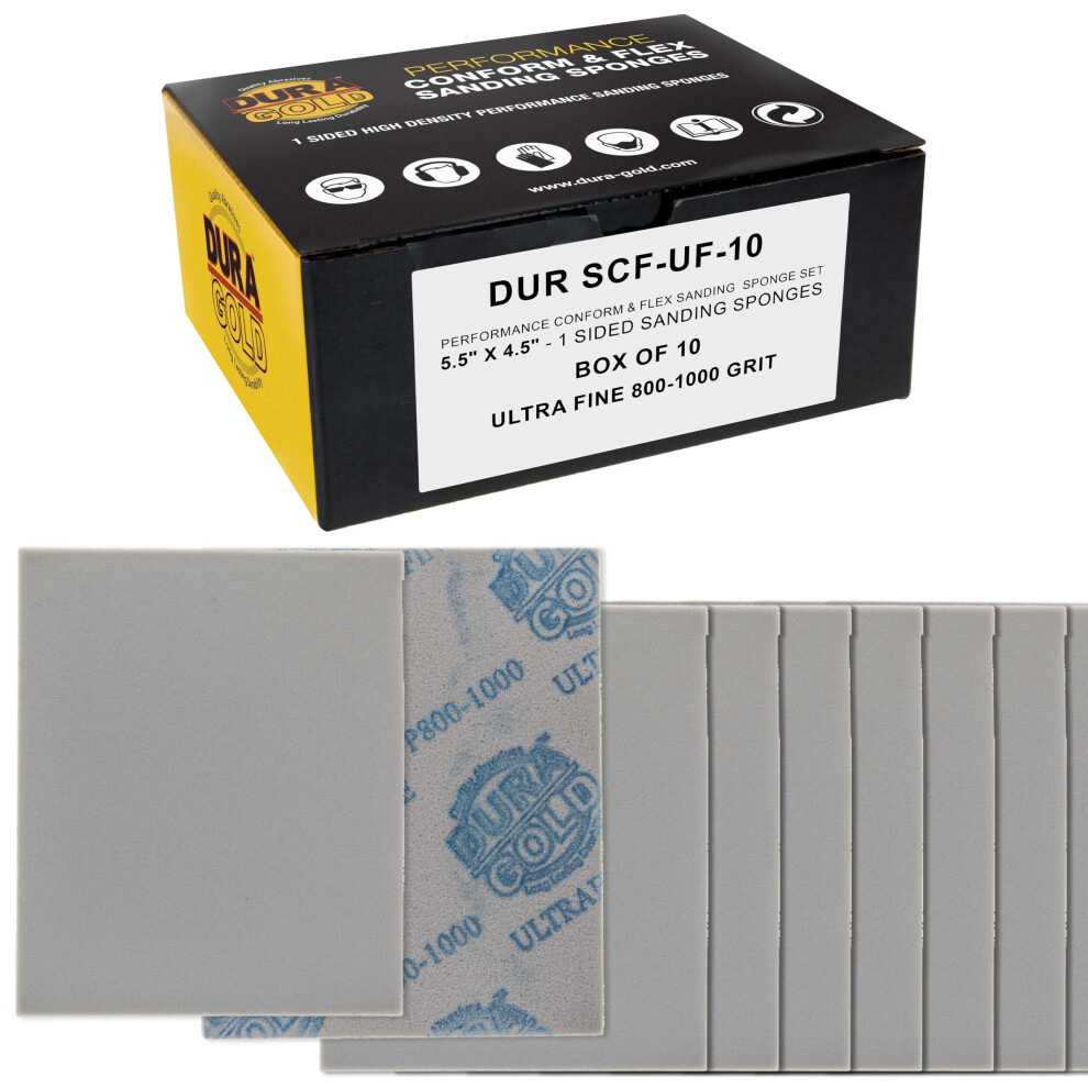 Dura-Gold Ultrafine Cut Sanding Sponges, Box Of 10-5.5" X 4.5" (800 To 1000 Grit) Performance Conform & Flex Wet Or Dry Flexible Softback Sandpaper Sp 840234527894