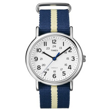 Timex Herren Weekender Slip Through Quarz Uhr mit weißem Zifferblatt und blauem Nylonarmband T2P142