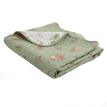 Vintage Floral Rose Green Chintz Sage Green Pink Yellow Scalloped Quilted Cotton Reversable Throw Blanket, 60"x 50"