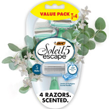 BIC Soleil 5 Escape Women's Disposable 5-Blade Razors, Jasmine & Eucalyptus Scented Handles for Smooth Summer Shaves, 4-Pack