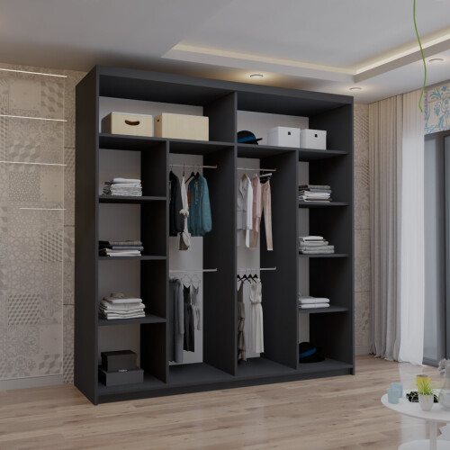 MN Furniture Sliding Doors Mirrored Wardrobes Shelves Black 203cm 2