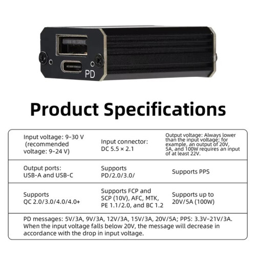 PD100W Fast Charging Module -DC9V-24V Step-Down Car Charger with Solid-State Capacitors, Supports PD High-Power Charging