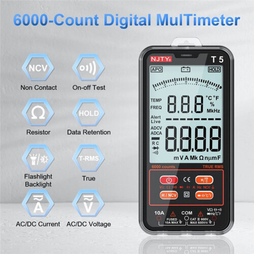 NJTY T5  Digital Multimeter 6000 Counts Auto-Ranging 600V AC/ Voltage Current Capacitance Temperature Tester 2