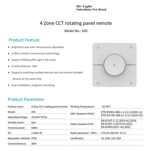 K0S Knob Panel Remote 4-Zone 2.4GHZ 86 Adjust Color Temperature Brightness Dual White LED Dimmer  Controller 1