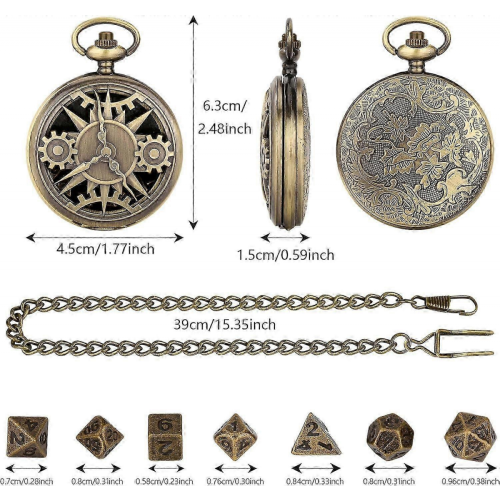 Μίνι σετ ζαριών DND με θήκη Steampunk Bronze Hollow για ρολόι τσέπης, σετ 7 τεμαχίων πολυεδρι 1