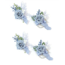 4PCS Dusty Corsage and Boutonniere Set, Prom Artificial Flower Wrist Corsage Bracelets