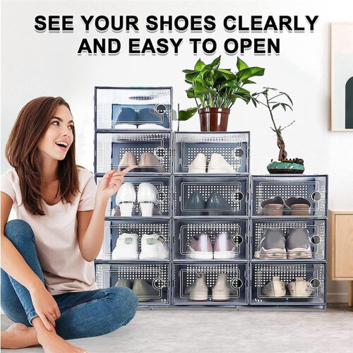 Shoe Storage Box, Clear Transparent Shoe Storage Boxes Hard Plastic Stackable Organiser Containers Bins Grey 1