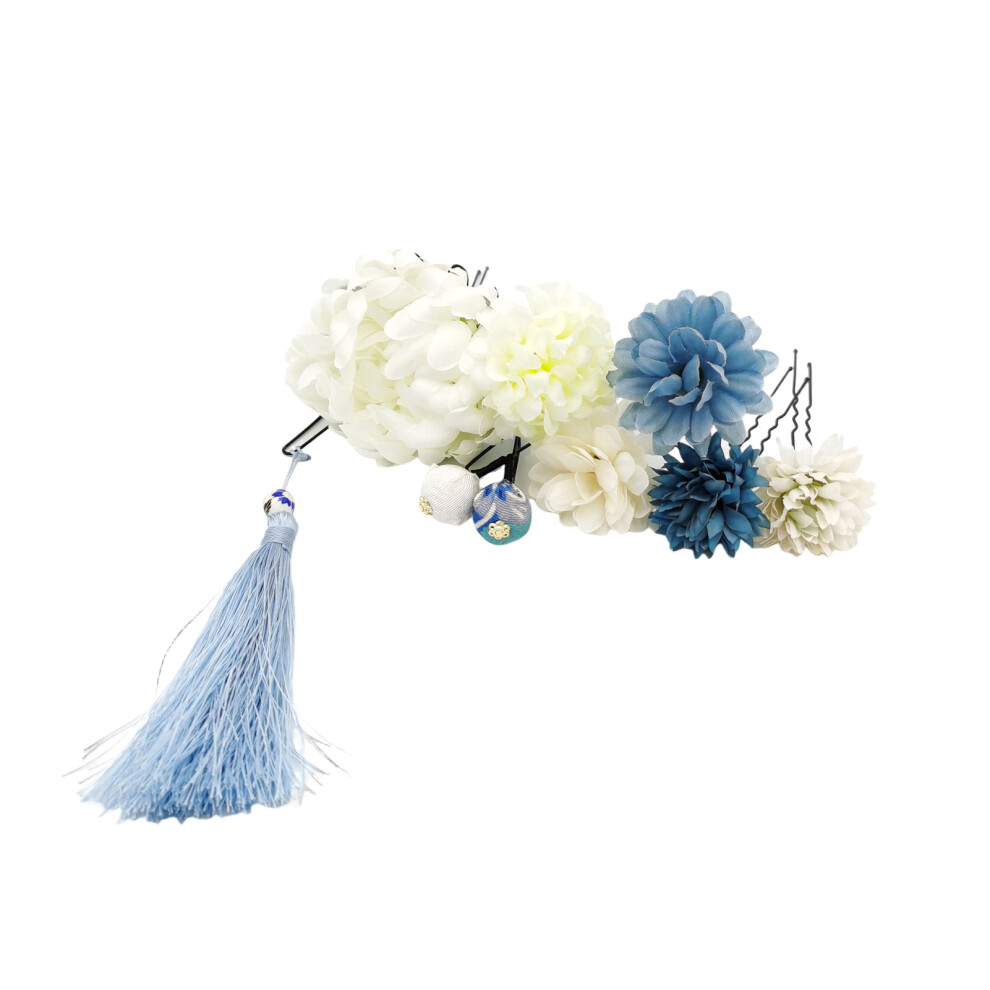 Bright-Home (Blue Suit) Bridal Hair Comb With Floral Decor Ceramic Decorative Tassel Design Hairpin Versatile For Hair Styling Decorative