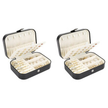2X Double Layer Travel Jewelry Organizer PU Leather Portable Small Travel Jewelry Case for Women Girls,Black