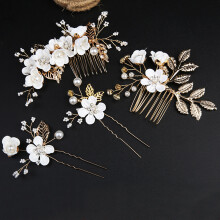 (White) Hanfu Hairpin Set - U Comb & Flower Jewelry