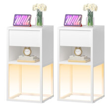 YITAHOME White Slim Bedside Table Set of 2, Slim Bedside Table with LED Lights, Narrow Wooden Nightstand with Drawer & Open Shelf Bedside Cabine,
