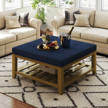 Befurtori Large Square Ottoman Coffee Table, Linen Solid Upholstered Footrest Ottoman with Solid Wood Shelf Storage Tufted Coffee Table for Bedroom