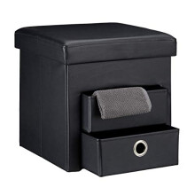 Relaxdays Folding Storage Ottoman with 2 Pull-Out Compartments Drawers, Footstool Total Size: 38 x 38 x 38 cm Faux Leather Seat Pouffe with Foldable