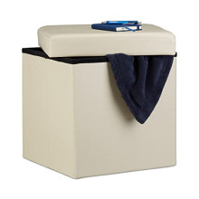 Relaxdays Folding Ottoman 38 x 38 x 38 cm Sturdy Storage Chair Pouffe and Footstool, Faux Leather Box, Removable Lid, Cream