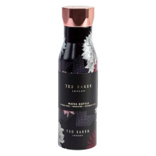 Ted Baker Double Walled Insulated Water Bottle, Black Clove Floral Design, Stainless Steel, Rose Gold Hexagonal Lid, 425ml