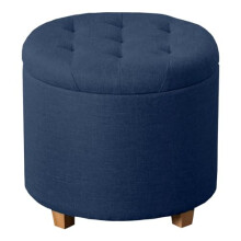 A406 Linen Fabric Round Ottoman Storage Box with Lid, Tufted Seat, Padded Stool Footstool with Storage Bench In Grey Black, Navy Colour (Navy Blue)