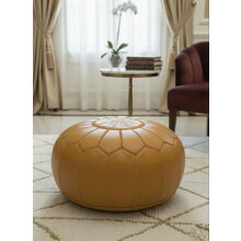 adsin Premium Leather Pouffe – Handmade Stuffed Ottoman, Embroidered Footstool, Hand-stitched Floor cushion (Mustard)