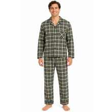 (L, Sage) Mens Cotton Blend Check Pyjama Set