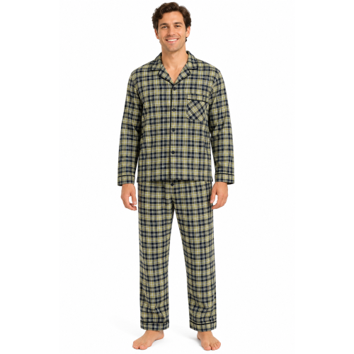 True Face (L, Sage) Mens Cotton Blend Check Pyjama Set