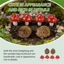 Garden Fairy Accessories Resin Hedgehogs and Wood Mushroom Miniature Decorations for Bonsai