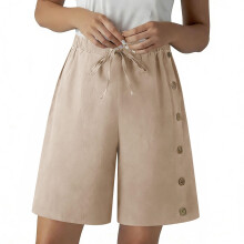 Womens Button Side Linen Shorts, Lightweight Loose-Beige S