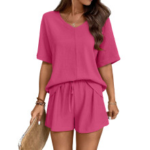 Women's two-piece linen shorts set, vacation , V-neck-Red S