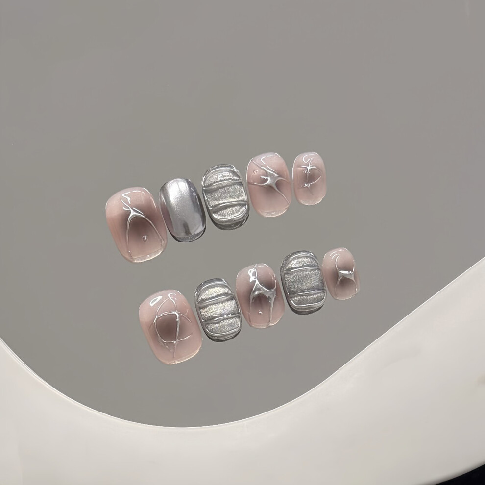 Hue-Grain (Xs) 10Pcs Pink Grey Metallic Square False Nails