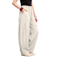 Pantalon à jambes larges en lin pour femmes,-Abricot M
