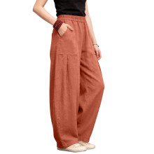 Pantalon à jambes larges en lin pour femmes,-Rouge XL
