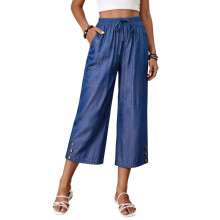 Damesbroek, elastische taille, casual zakelijke broek,-Blauw XXL