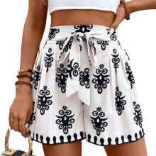 Women Casual Shorts Drawstring Elastic Waist Shorts-White XL