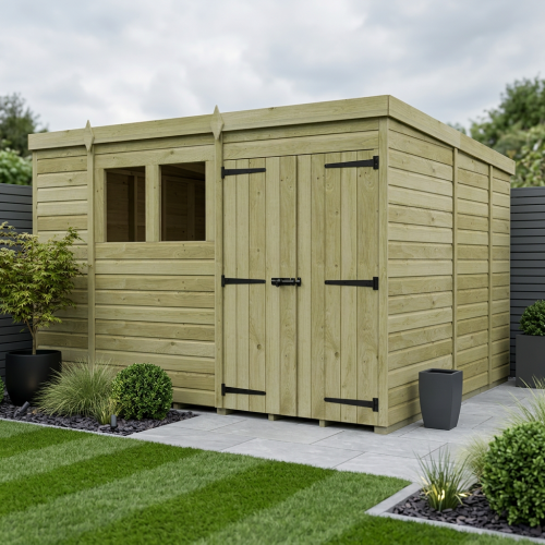 10 x 9 Pent Shed Tanalised (Double Door, With Windows)