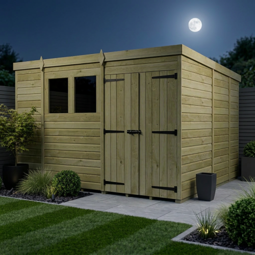10 x 9 Pent Shed Tanalised (Double Door, With Windows) 2