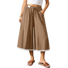 Linnen culottes voor dames, wijde pijpen, zwierige broek,-Kaki L