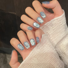 (XS) Glitter Blue Cat Eye Fake Nails for Women