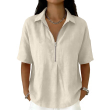 Women's Shirts Zipper Short Sleeve Business Casual-Apricot XXL