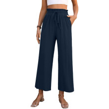 Pantalon large court pour femme, fluide et-Bleu marine M