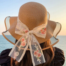 (Khaki) Women Straw Hat with Floral Bow, Travel Sun Hat