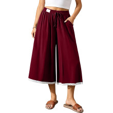 Women's Linen Culottes Wide Leg Flowy Pants Palazzo-Burgundy L