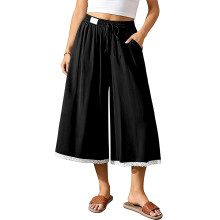Linnen culottes voor dames, wijde pijpen, zwierige-Zwarte S