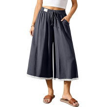 Women's Linen Culottes Wide Leg Flowy Pants-Dark Grey S