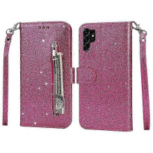 (Pink) For Samsung Galaxy S25 Ultra Zipper Pocket Glitter Leather Stand Case